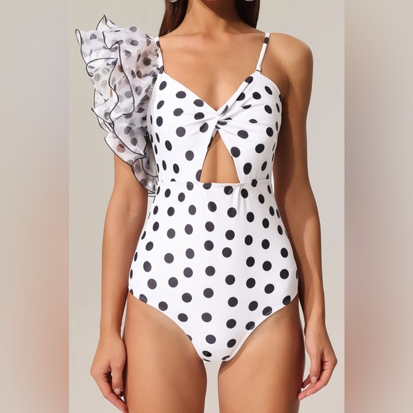 NWT One Shoulder Ruffle Polka Dot One Piece Swimsuit - Picture 7 of 10
